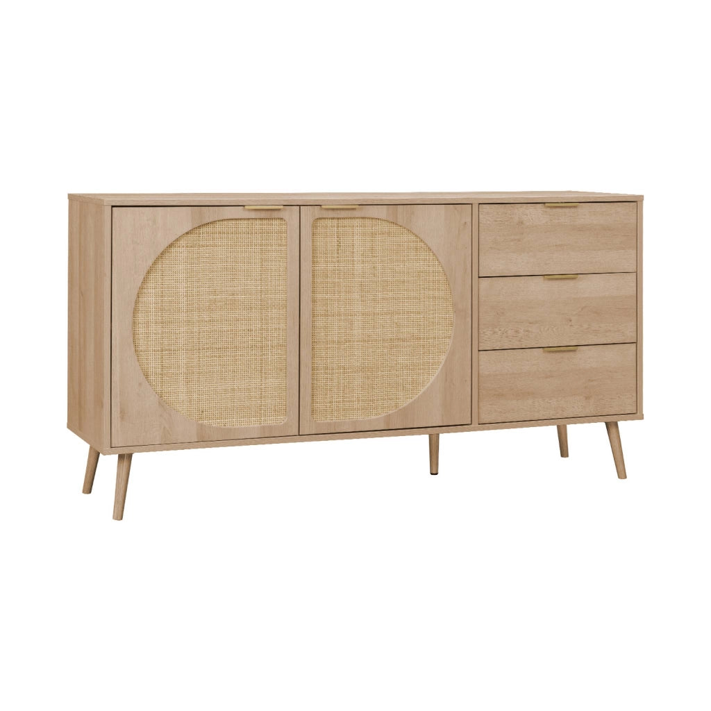 Credenza in legno e canna a 2 ante e 3 cassetti, 150cm, marrone