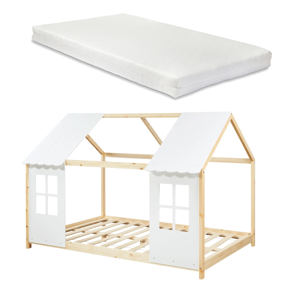 Letto Tostedt per Cameretta a Forma di Casetta con Materasso 120 x 200 Naturale / Bianco [en.casa]