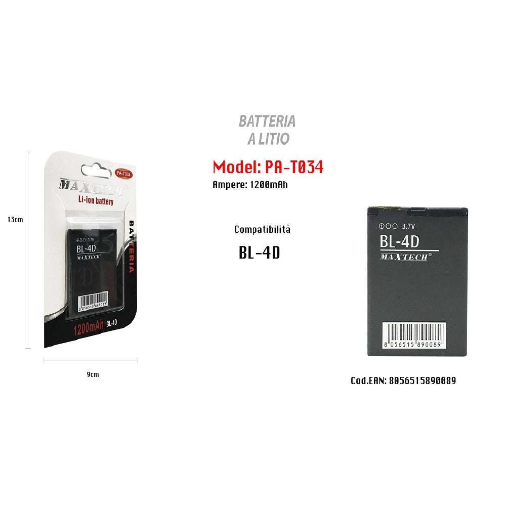 Trade Shop - Batteria Litio Compatibile Per Bl-4d Smartphone 1200 Mah 3.7v Maxtech Pa-t034 -