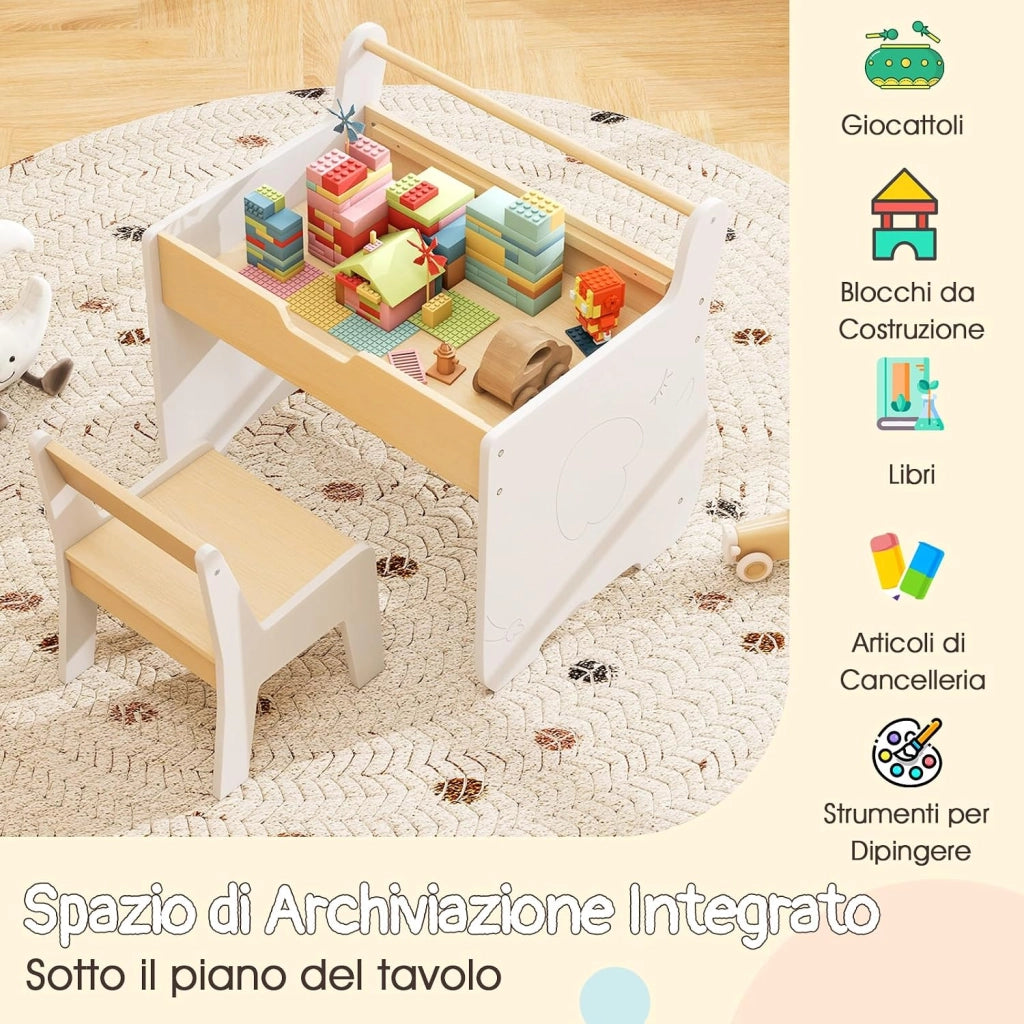 Set Tavolo e Sedia per Bambini 2 in 1, Set con Scrivania e Sedia in Legno per Bambini con Piano Rimovibile, Spazio di Archiviazione e Porta Rotolo di Carta per Aula e Cameretta (Bianco)