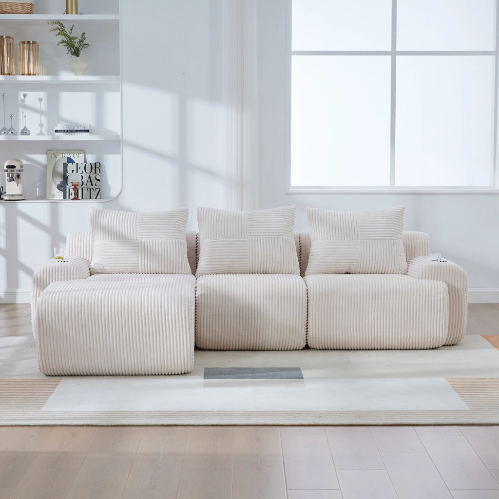 Divano modulare in corduroy per 3 persone con portabicchieri e tasca laterale per soggiorno beige 268 × 174 × 80 cm