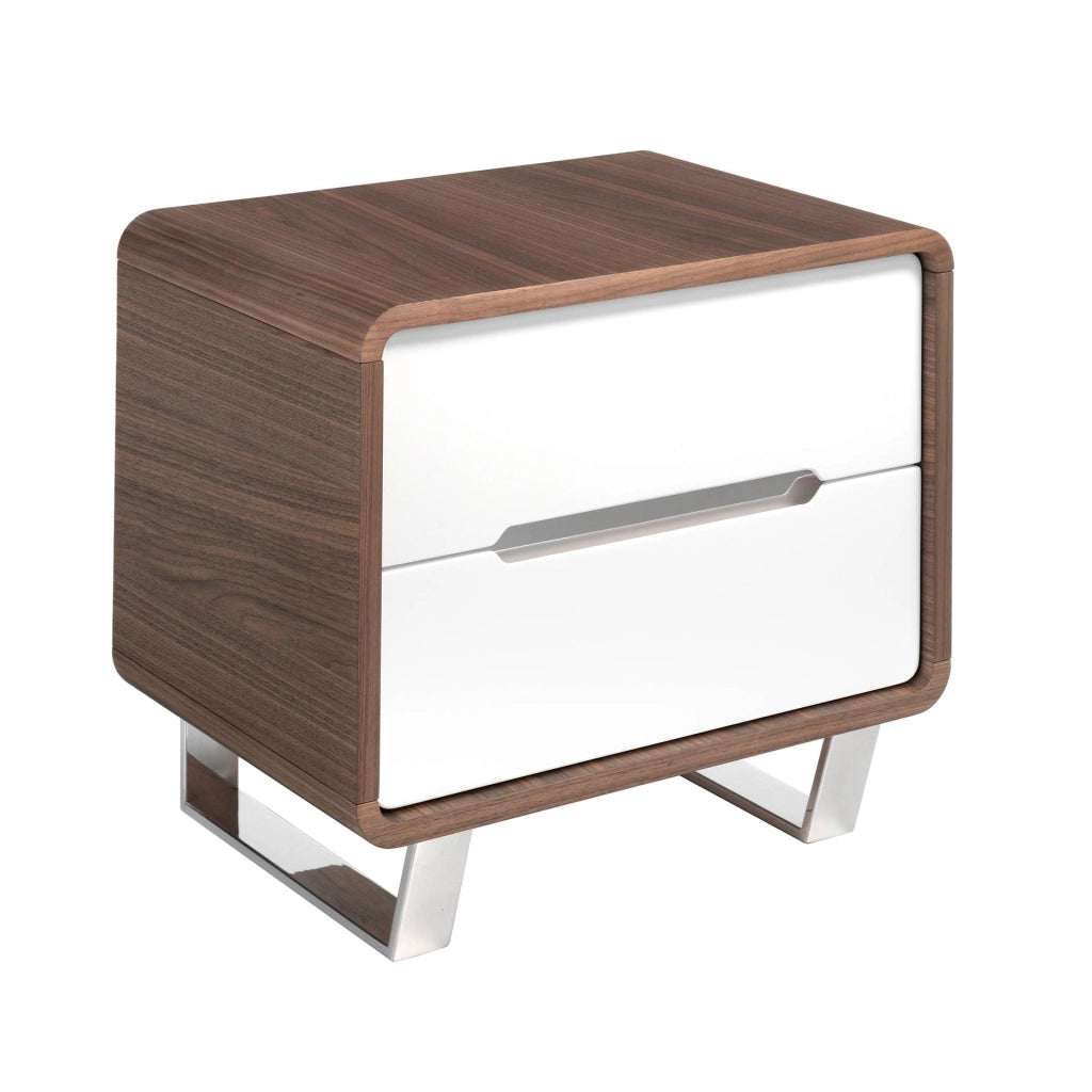 Comodino legno bianco, noce e acciaio cromato