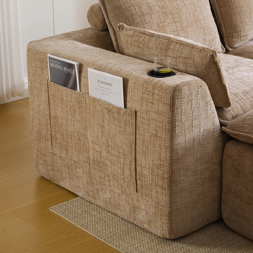 Divano modulare a 3 posti con pouf e cuscini; ciniglia color cachi; 256x161x75 cm