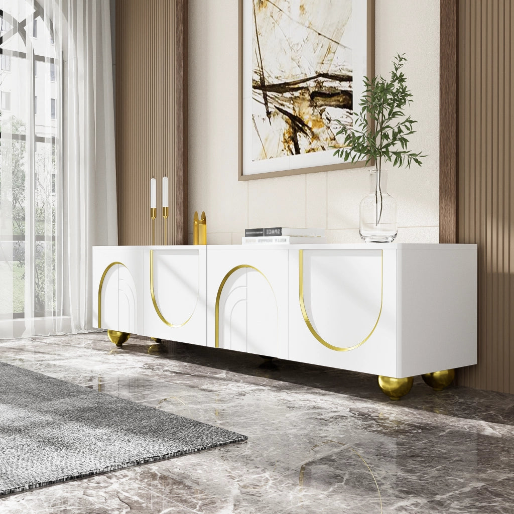 Mobile TV con 4 Ante Push-to-Open e Ripiani; Cerniere Ammortizzate; Maniglie e Piedini Dorati; Bianco; 170??38??44 cm