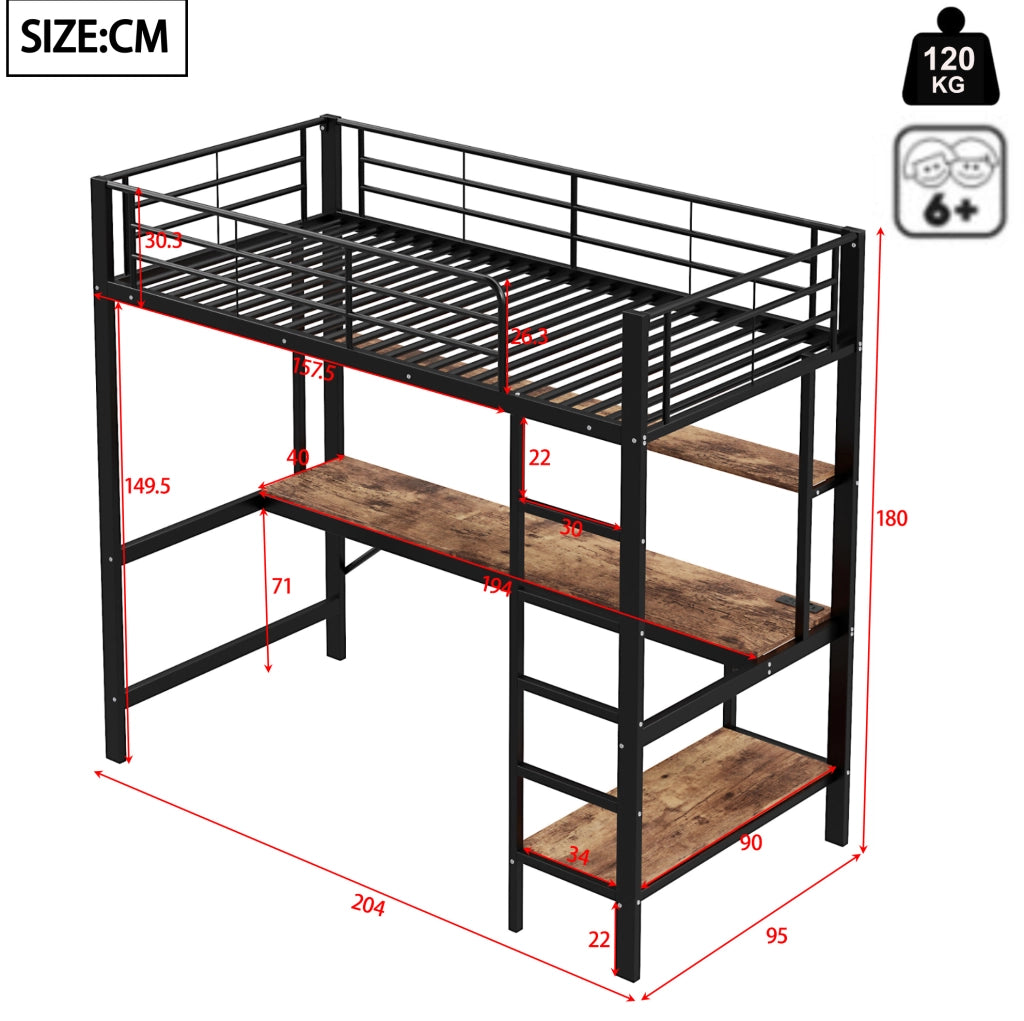 Letto a soppalco 90x200 cm con scrivania; mensole; USB e presa; metallo e MDF nero