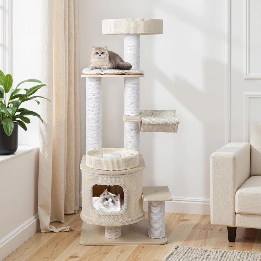 Albero per Gatti Alto 151 cm, Tiragraffi per Gatti con Comodo Poggiapiedi Imbottito, Condo a 2 Piani, Tappetini Morbidi Rimovibili, Posti Graffianti, Amaca Accogliente