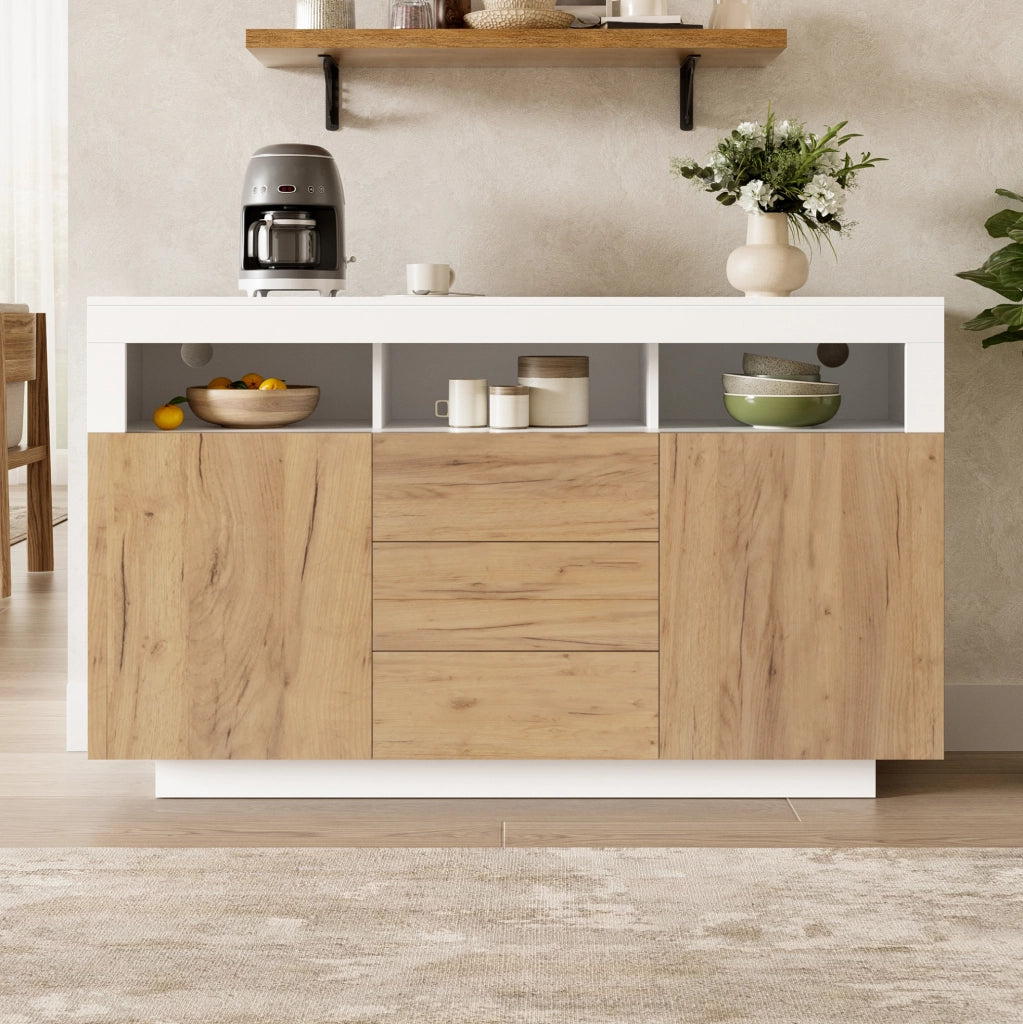 Credenza 140x40x85 cm con 3 cassetti; 2 ante e 3 vani aperti; bianco e naturale