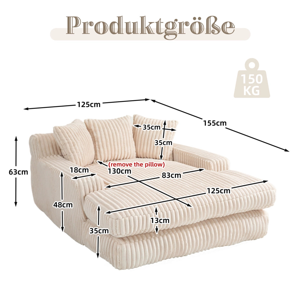 Chaise longue da interno in tessuto corduroy con 3 cuscini; 125x155x63 cm; beige