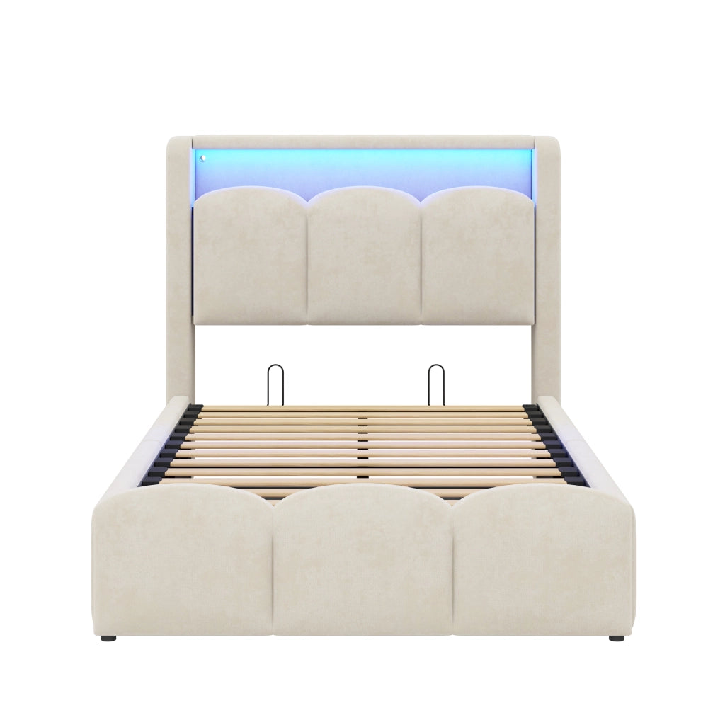 Letto singolo imbottito 90x200 in velluto beige con contenitore idraulico; LED e prese USB