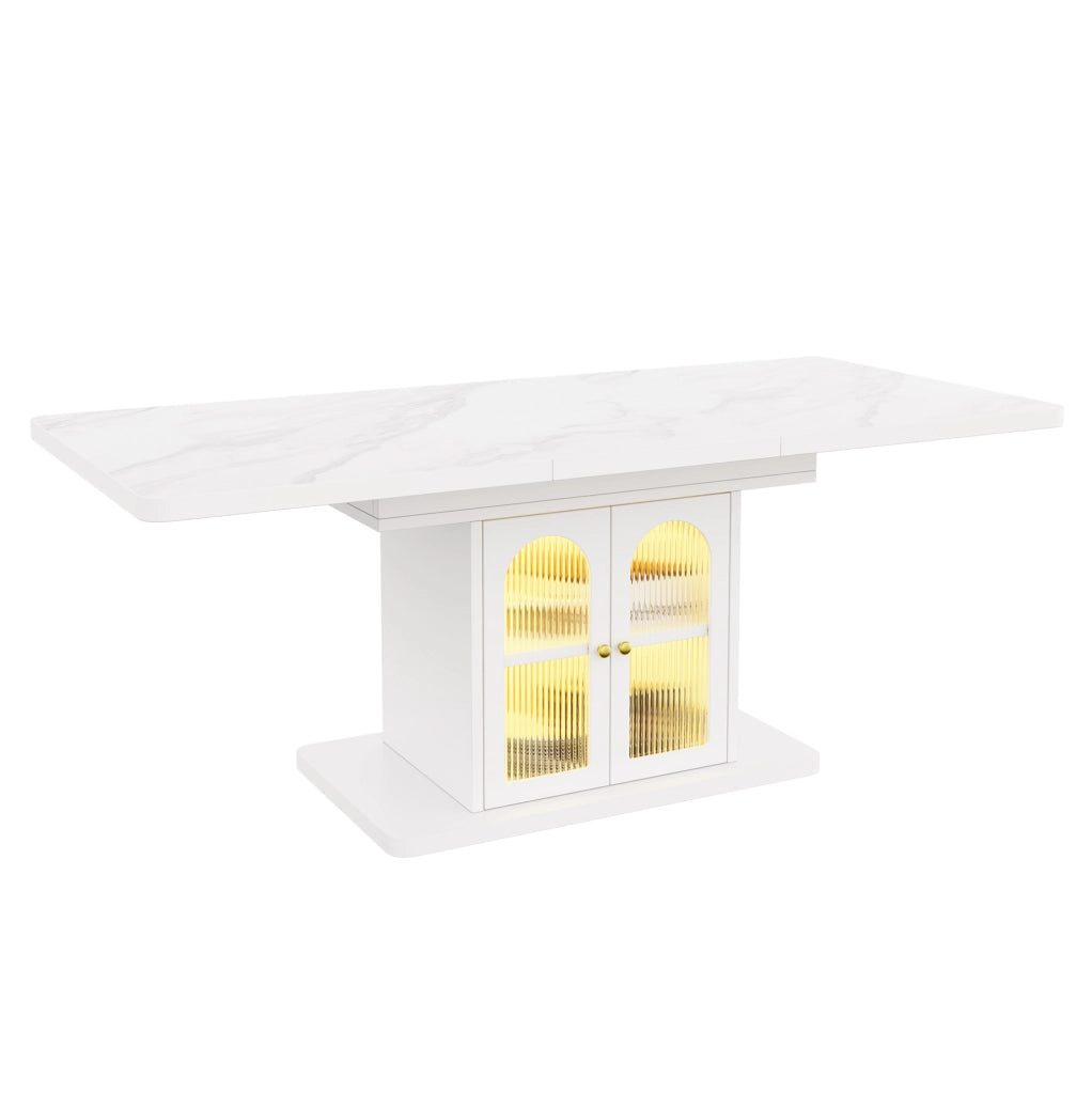 Tavolo da pranzo allungabile con vano contenitore e striscia LED in MDF bianco