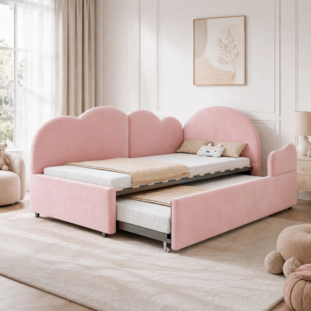 Letto Estraibile 90x200 cm; Letto Singolo con Testiera a Nuvola e Velluto Rosa