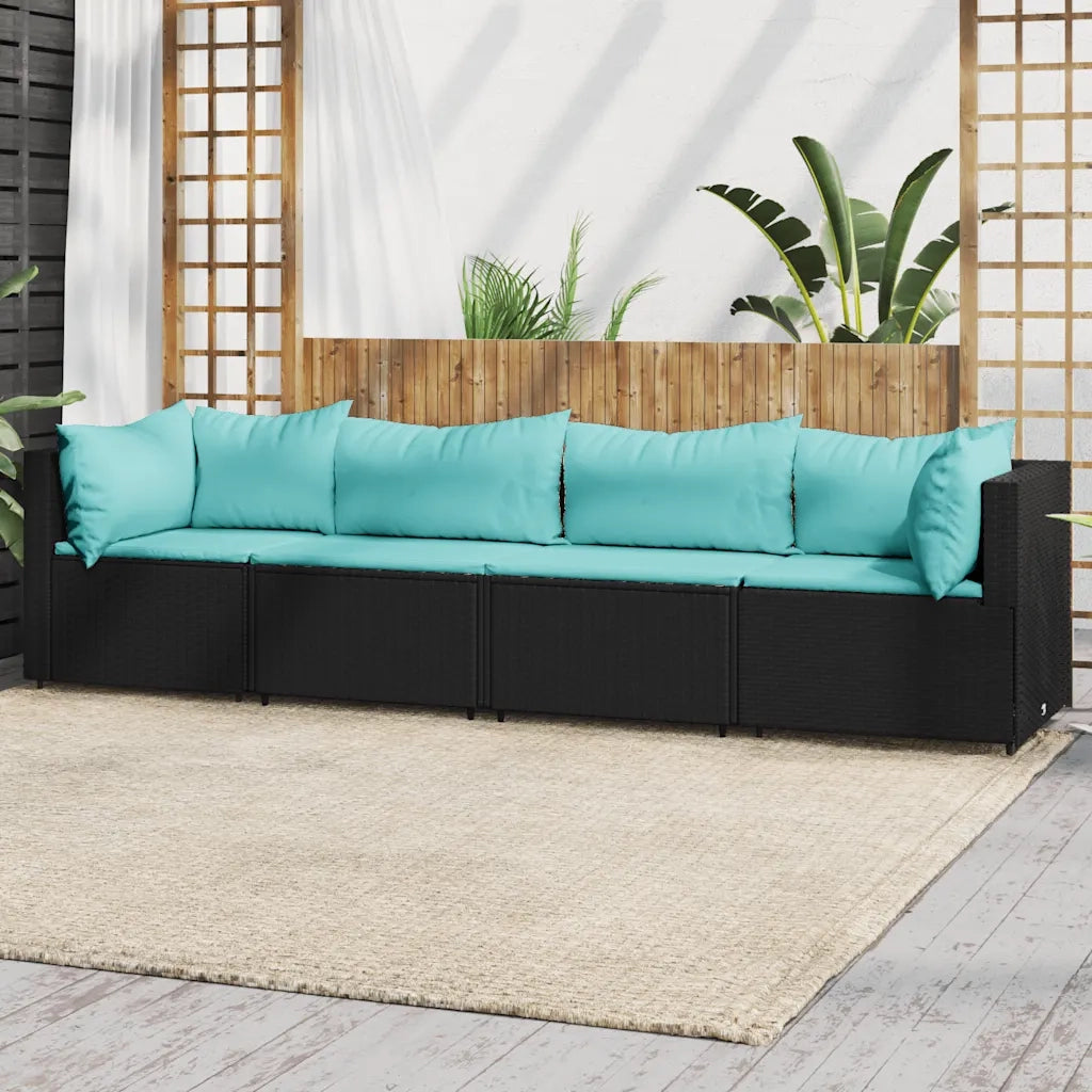 Set Divani da Giardino 4 pz | Set Salotto da Giardino con Cuscini Nero in Polyrattan