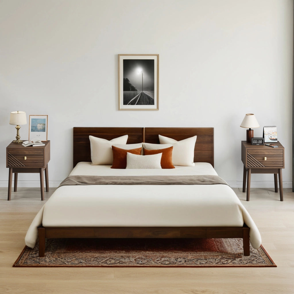 Comodino con 2 cassetti e maniglie in metallo, design a scanalature, per camera da letto, noce, 40 × 40 × 55 cm