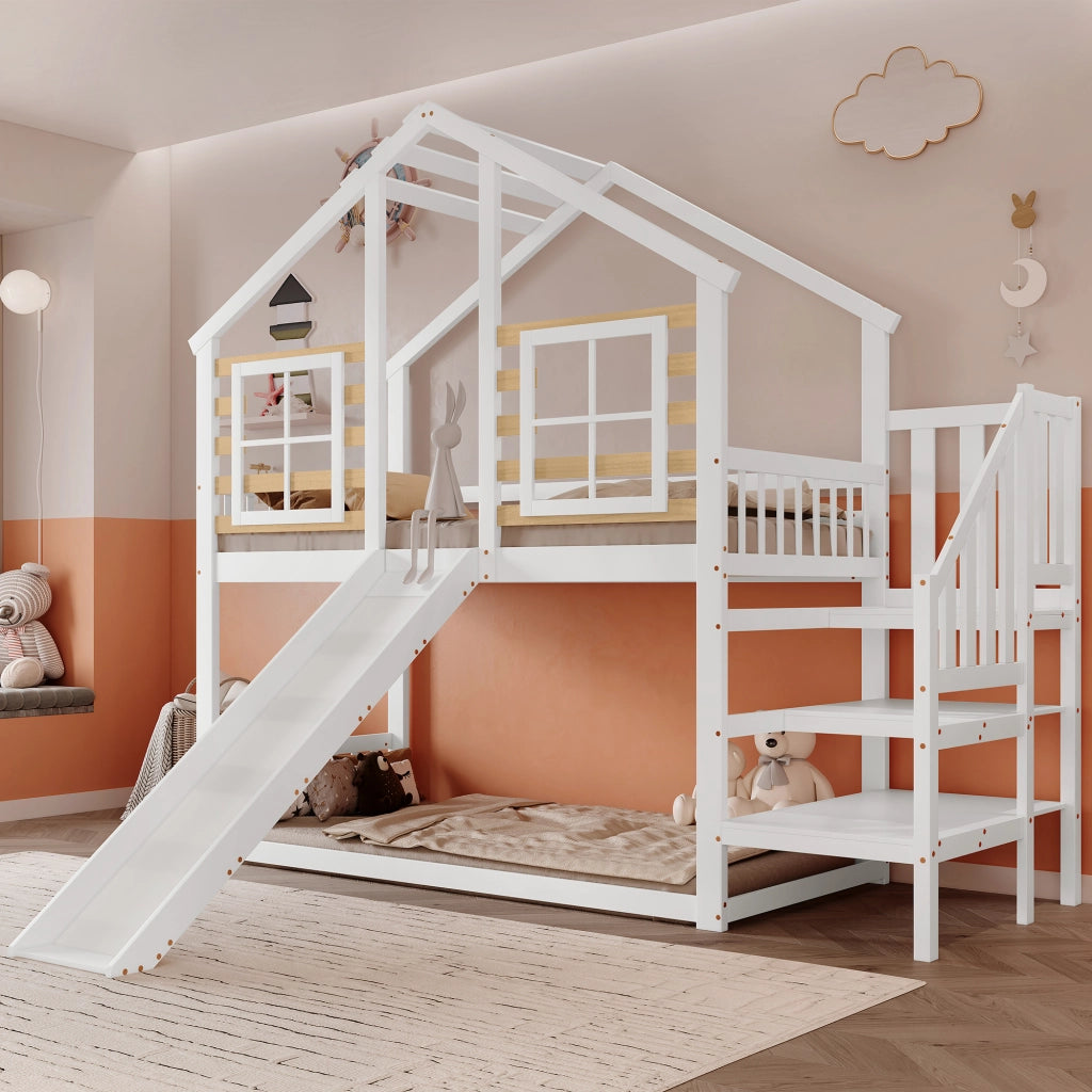 Letto a Castello 90x200 cm; Letto 2 Posti - Con Scala; Scivolo e Finestre - Bianco