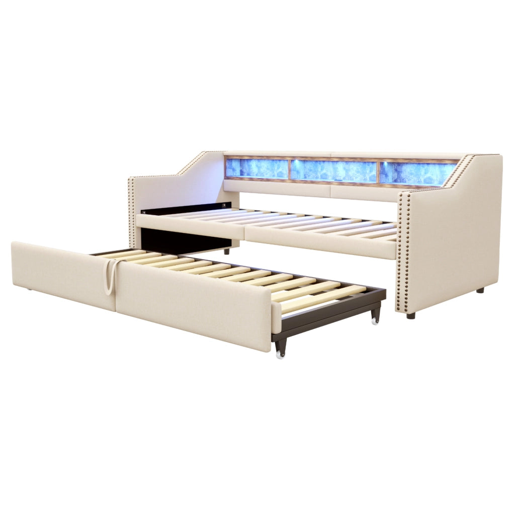 Divano letto 90x200 cm estraibile con USB in burlap beige