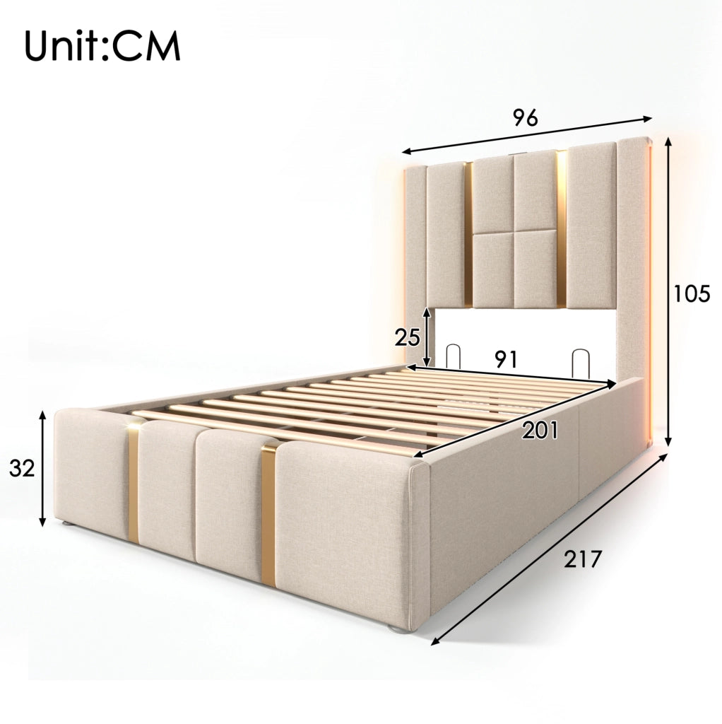 Letto imbottito singolo 90x200 cm con contenitore; LED; USB C e lino beige