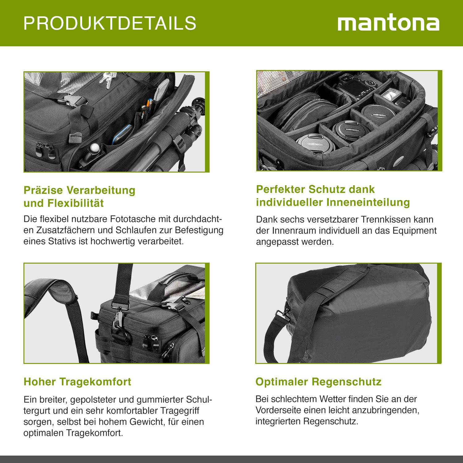 Mantona New York borsa fotografica con divisori interni per obiettivi, fotocamere a sistema, reflex, custodia per accessori fotografi con copertura antipioggia e tracolla
