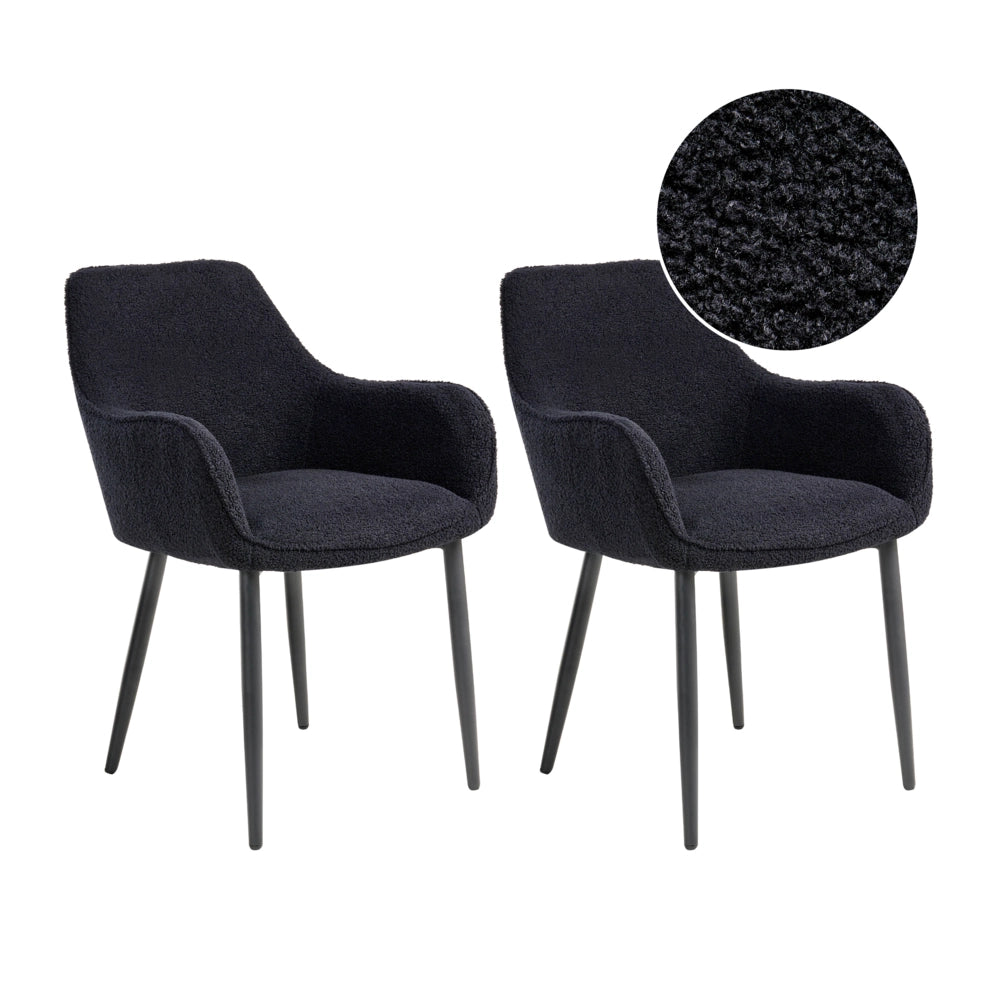 Set di 2 sedie da pranzo in tessuto bouclè nero braccioli schienale intagliato gambe in metallo moderna industriale
