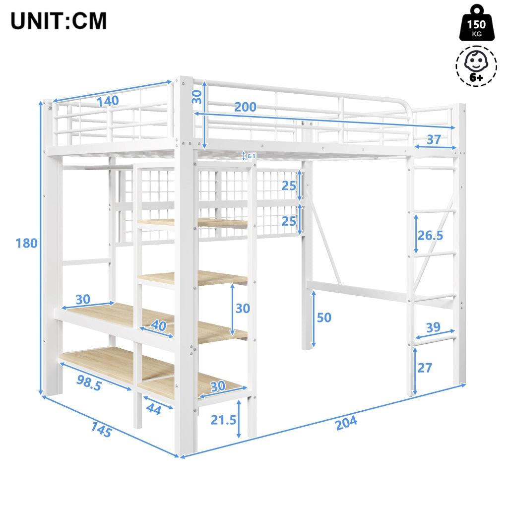 LETTO a soppalco 140x200 cm in metallo e MDF bianco con LED