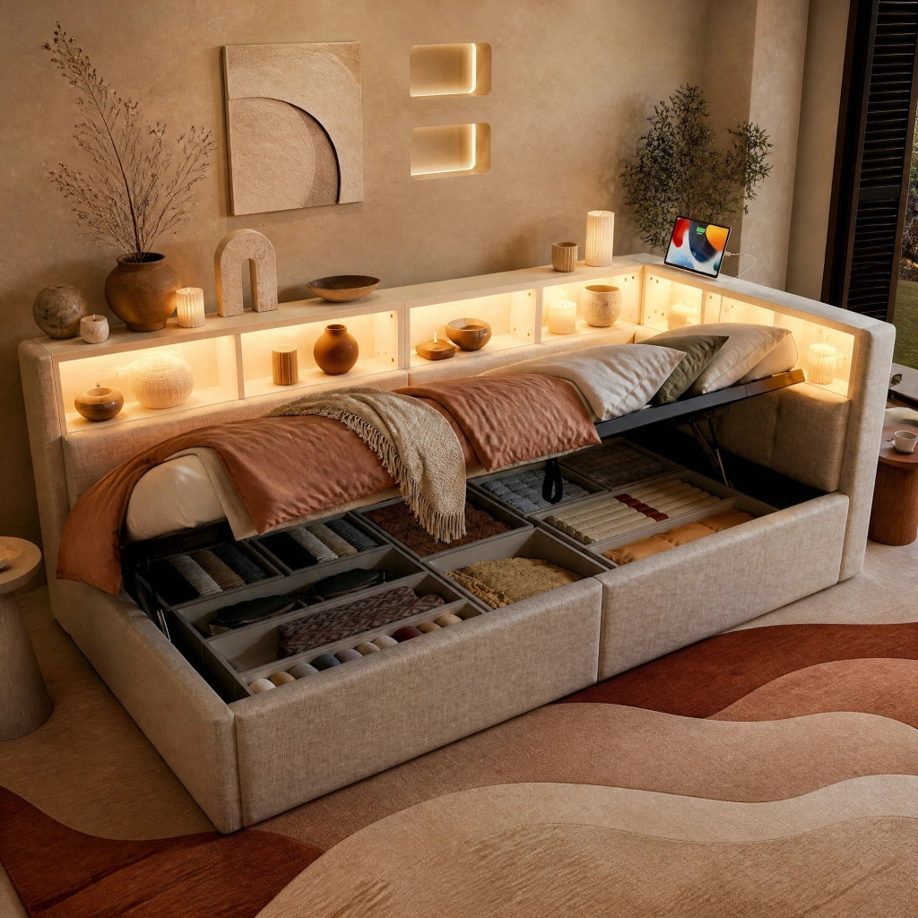 Letto daybed con LED, USB e vani contenitori