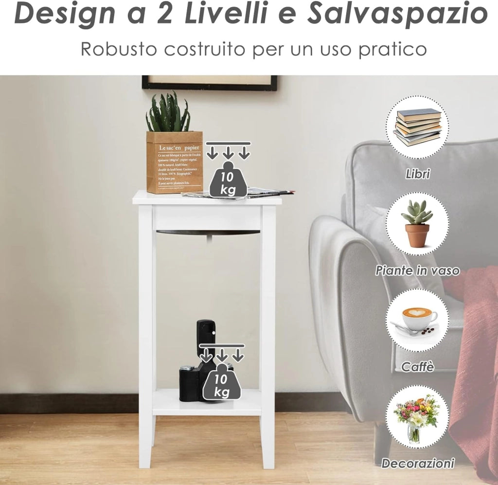 Set di 2 Tavolini da Salotto Alti a 2 Livelli Aperti, Tavolino Comodino in Legno di Pino Massicio, Tavolino Moderno Portaoggetti per Soggiorno e Camera da Letto, 40 x 30 x 73,5 cm (2, Bianco)