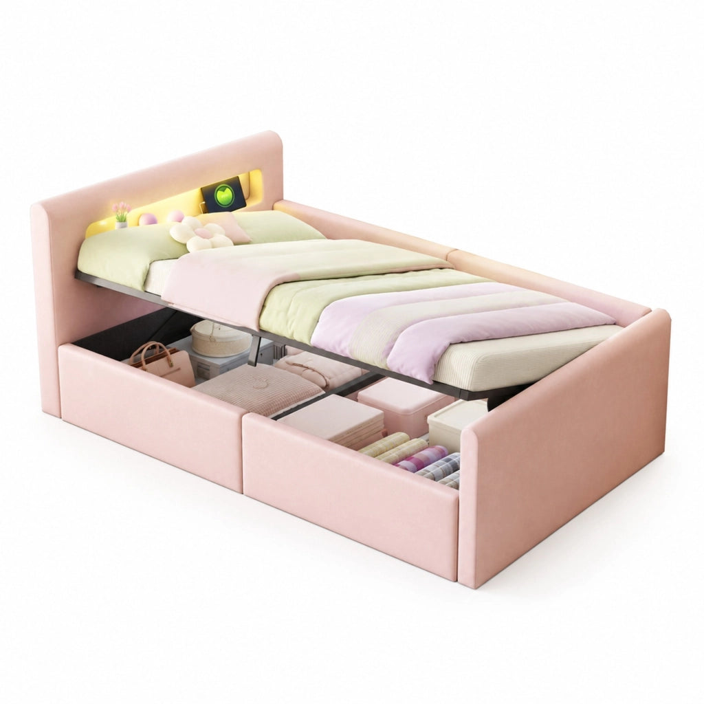 Letto imbottito per bambini 90x200 cm in velluto rosa con LED; luce notturna; USB e contenitore