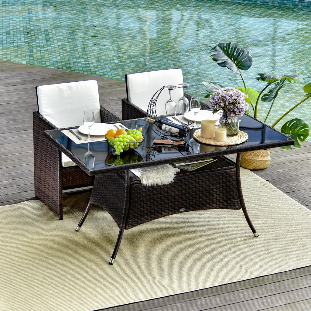 Tavolo da giardino in polyrattan con piano in vetro di sicurezza marrone per interno ed esterno 74 × 150 × 85 cm