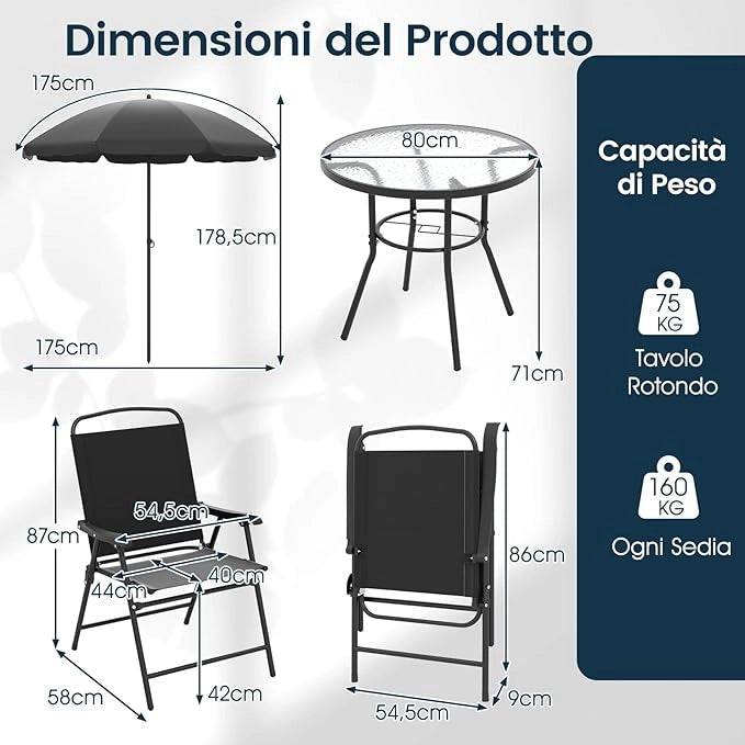 Set da Pranzo da Giardino a 6 Pezzi con Ombrellone, Tavolo e Sedie da Esterno con 4 Poltrone Pieghevoli e Tavolo Rotondo in Vetro Temperato per Giardino, Terrazza, Prato e Cortile