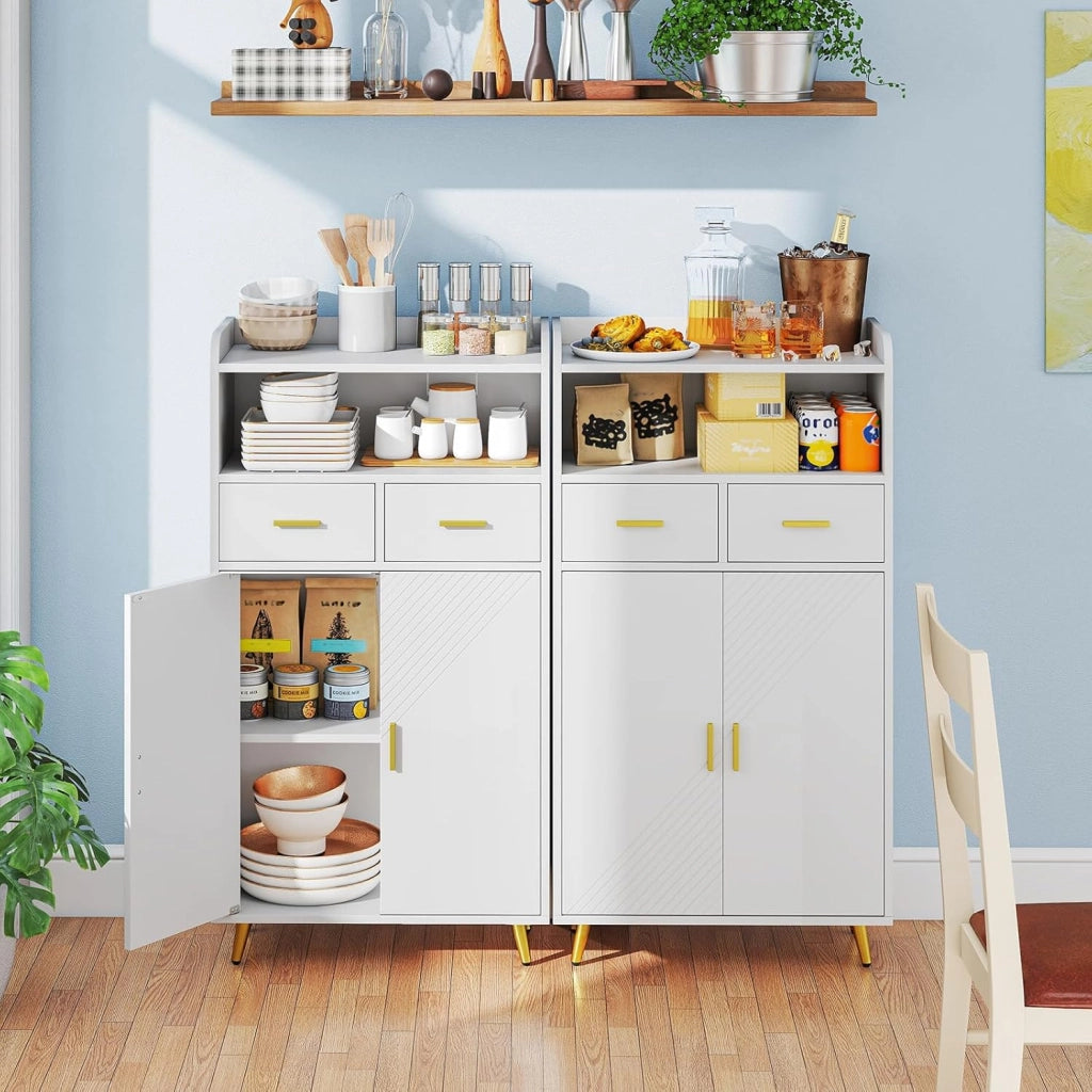 Credenza Cucina, Piano Superiore con Bordo Anticaduta, Scomparto Aperto, 2 Cassetti e Armadietto a Doppia Anta, Mobile Moderno con 2 Antiribaltamento per Soggiorno e Ingresso (Bianco)