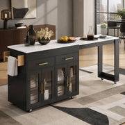 Isola da cucina mobile allungabile con piano estraibile, porta con vetrine, cassetti e ruote, nero