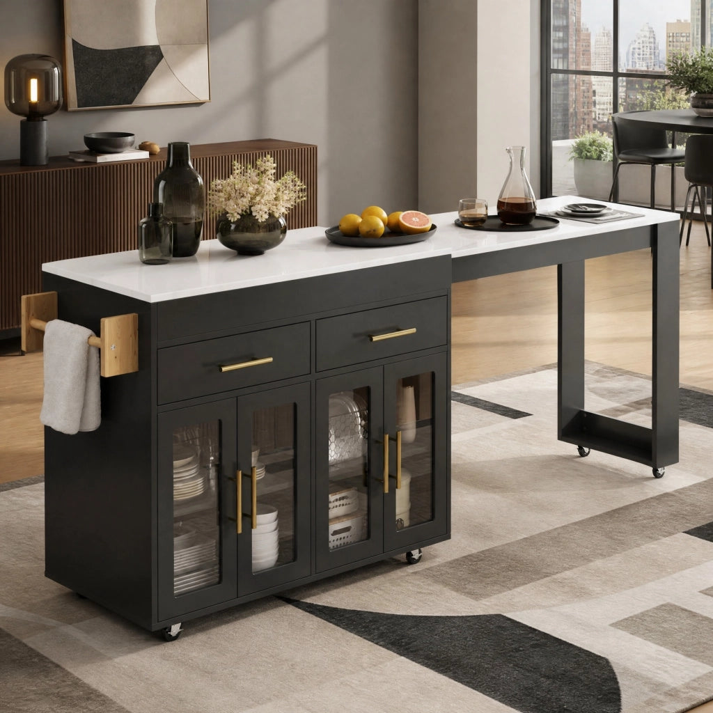 Isola da cucina mobile allungabile con piano estraibile, porta con vetrine, cassetti e ruote, nero