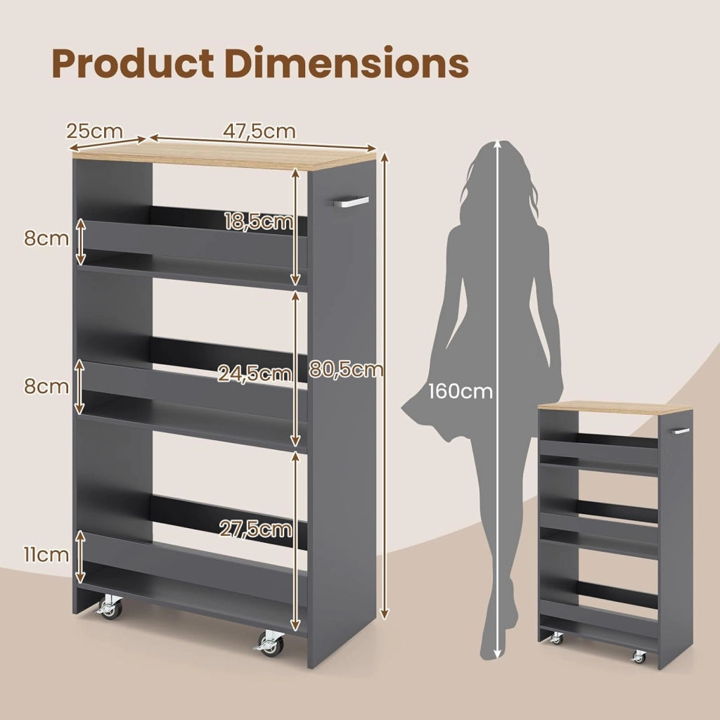 Carrello per Nicchia con Ruote, 4 Livelli，Carrello di Servizio Stretto Salvaspazio, da Bagno, Scaffale da Cucina Sottile 47,5 x 13 x 80,5 cm (Naturale+Grigio, Largo 25 cm)