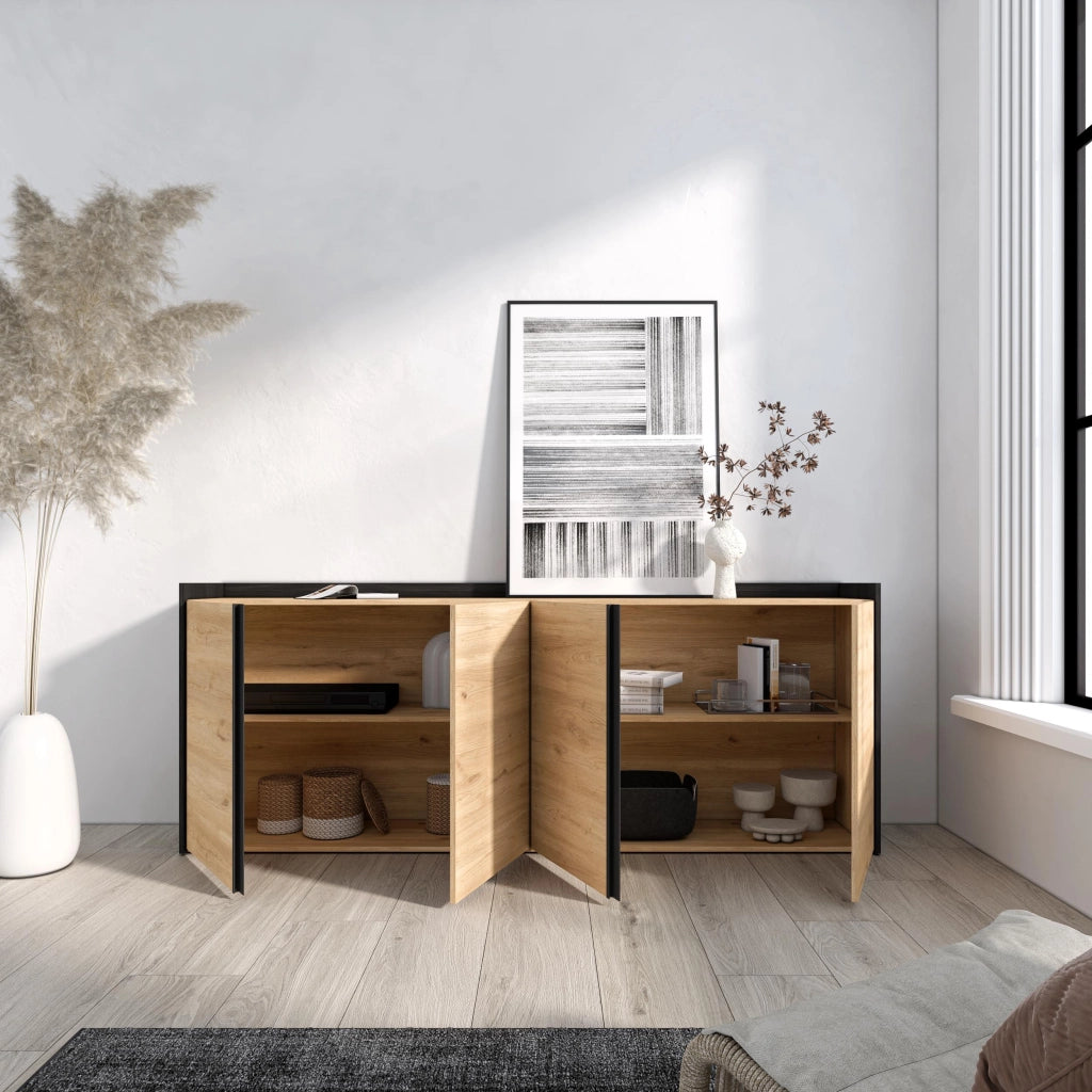 Credenza, Mobile, Cucina, 207x80x35 cm, 4 Porte, grande stoccaggio, Rovere e nero