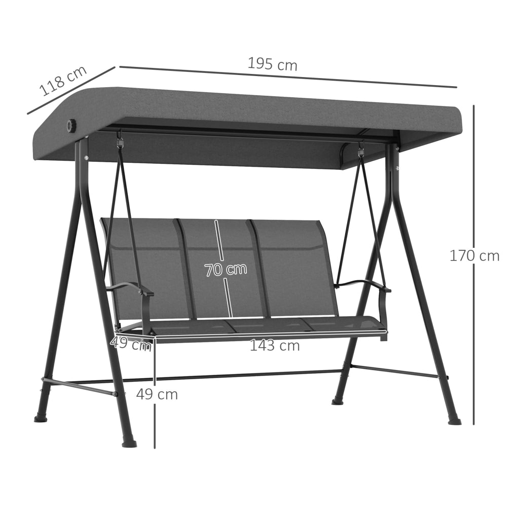 Dondolo da Giardino 3 Posti 195x118x170 cm con Tettuccio Parasole Regolabile Grigio Scuro