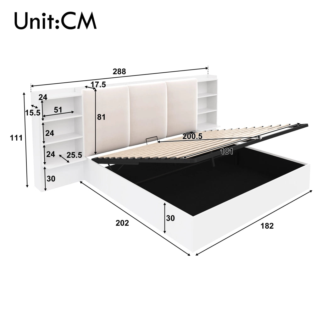 DESMIU Lit coffre 180 × 200 cm 2 posti con 6 vani, LED, senza materasso, in MDF e compensato, bianco