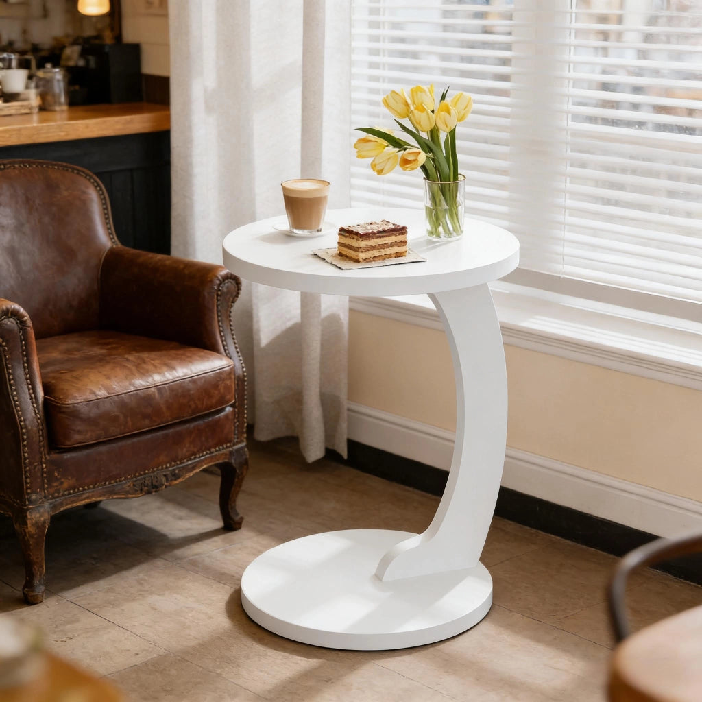 Tavolino basso rotondo a C in MDF con piano resistente e base stabile, per soggiorno e camera, bianco, 38 × 55 cm