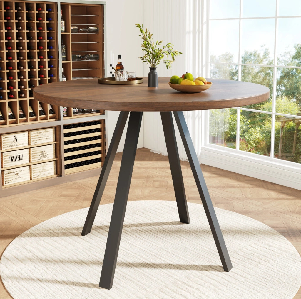 Tavolo da pranzo rotondo 80x80x75 cm in MDF e metallo; noce e nero