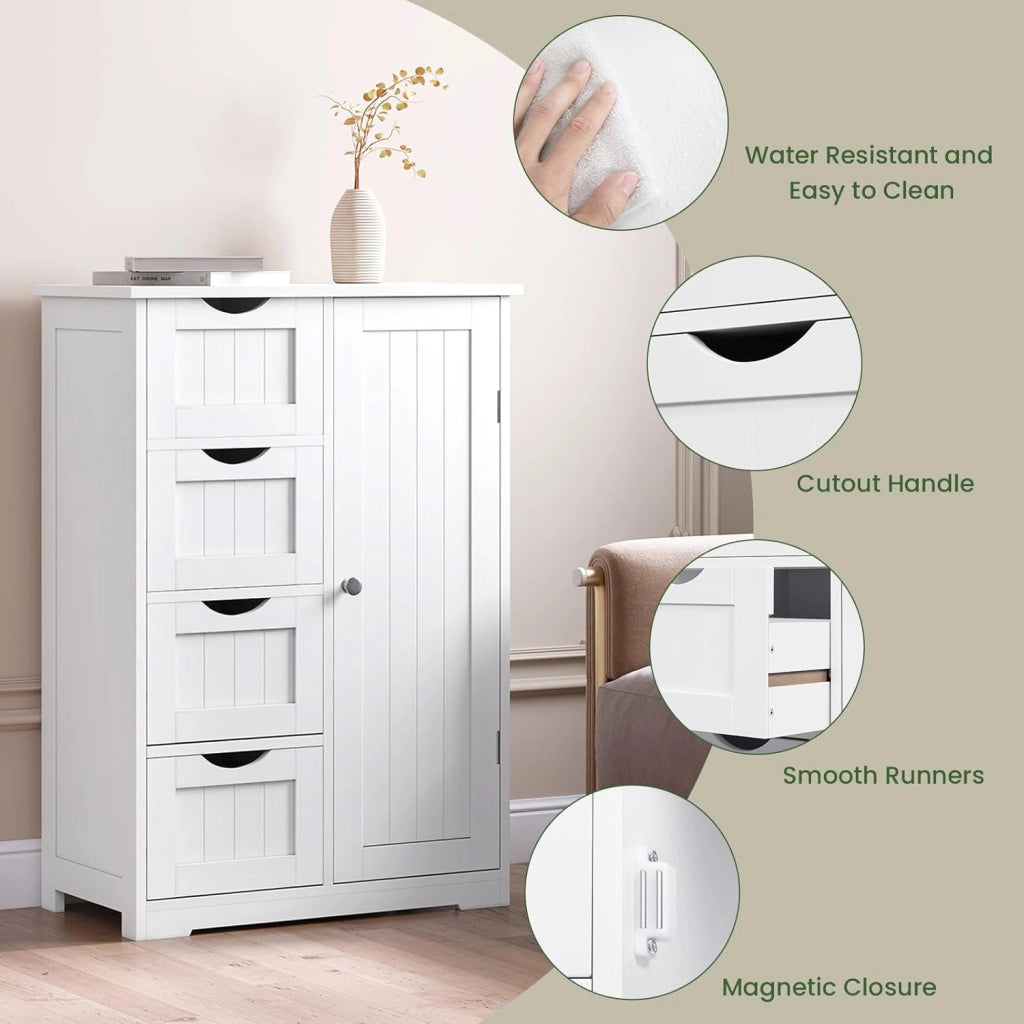 Mobile da Bagno Bianco Con 4 Cassetti e 2 Scomparti Regolabili, Portaoggetti per Camera da Letto/Corridoio/Cucina, 56x30x81cm