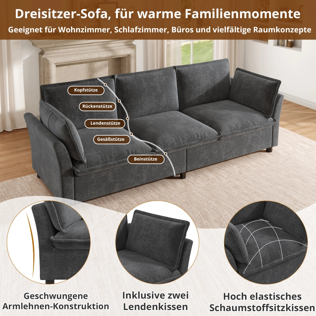 Divano modulare 3 e 2 posti con seduta ampia e braccioli ergonomici per soggiorno e lounge in chenille grigio