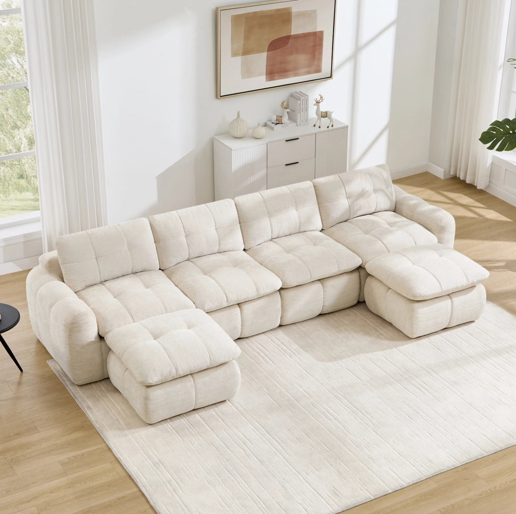 Divano modulare a U 334x160x68 cm in chenille beige; senza montaggio