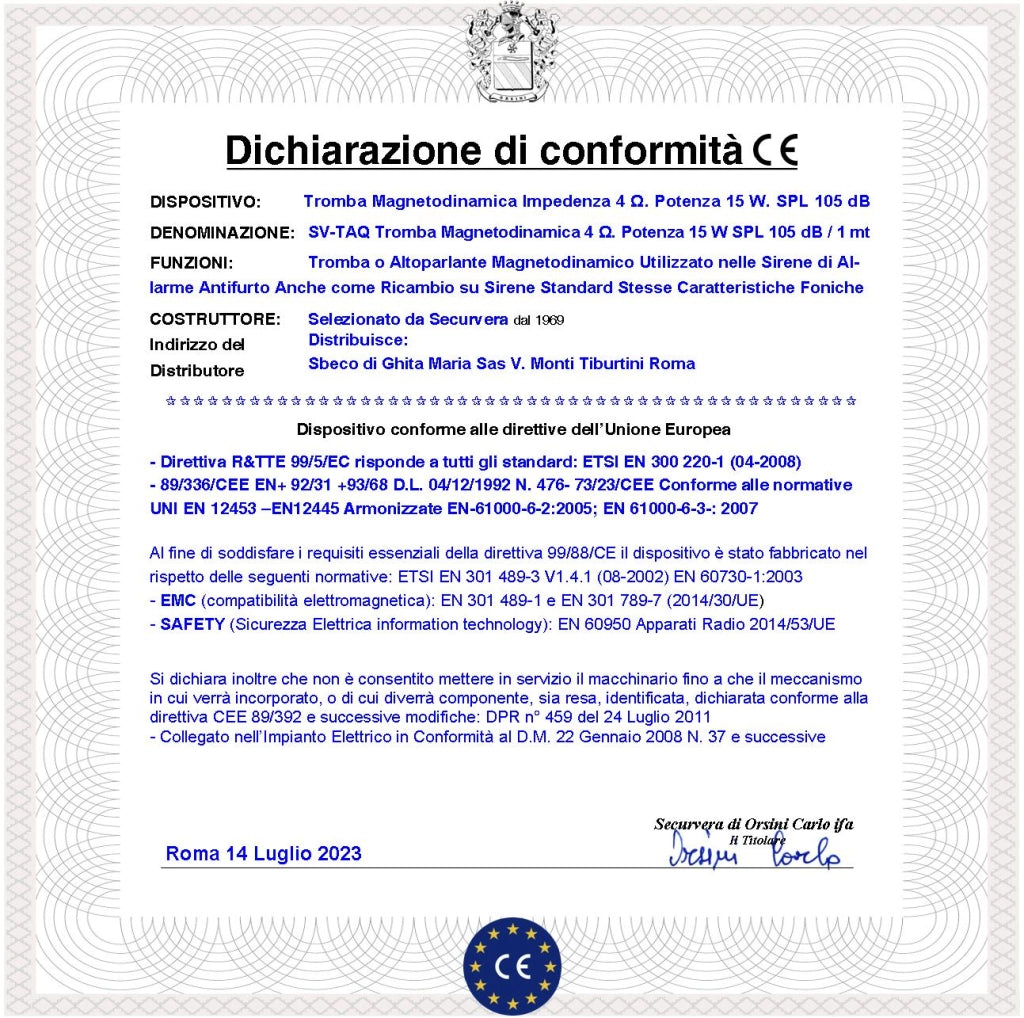 Cono Tromba Magnetodinamica Altoparlante Esponenziale 4 Ohm 15 W Suoni Alta Frequenza da 850 ± 4600 Hz Tweeter Magnete Ø70XH10 mm Ricambio Sirene Antifurto Qualsiasi Marca Misure L80XH80XP53 mm
