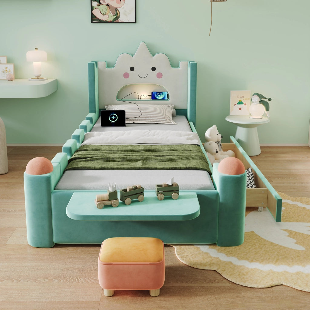 Letto imbottito 90x200 cm con lampada LED; USB e cassetto in velluto blu-verde