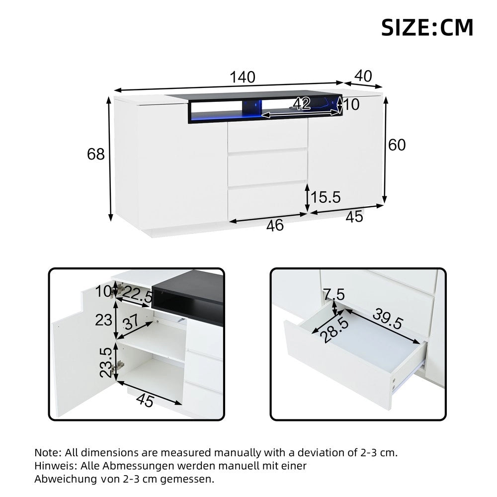 Mobile Credenza Soggiorno con LED e Cassetti ¨C MINIMAL ¨C Bianco/Nero Lucido 140x40x68