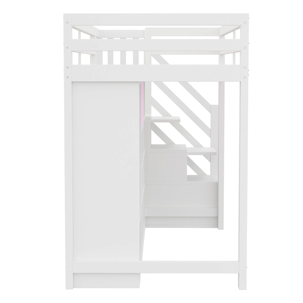 LETTO A Soppalco 90x200 cm in Legno Bianco con Armadio, Ripiani e LED