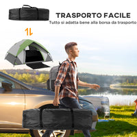 Tenda da Campeggio 2 Posti con Finestra a Rete 210x110x150 cm in Poliestere e Fibra di Vetro Grigio e Verde