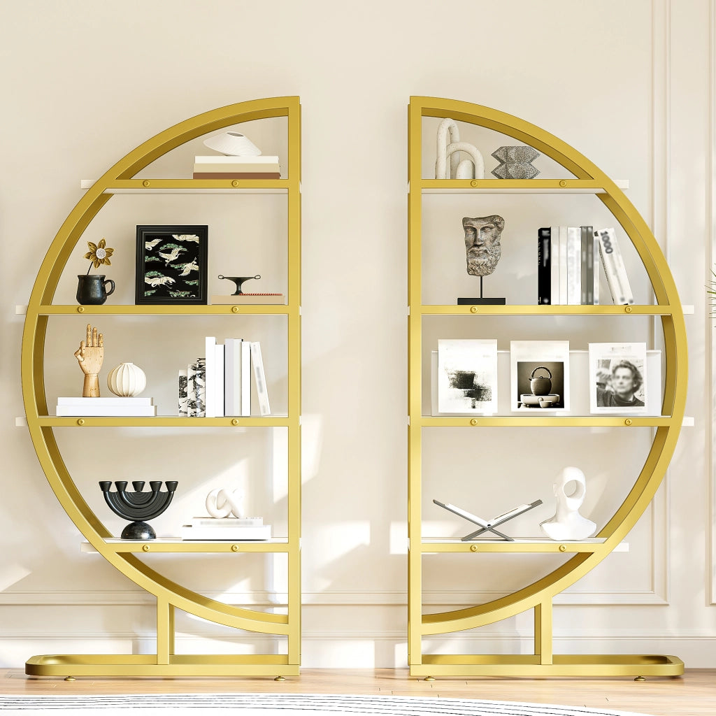 Libreria ad arco 120×30×130 cm, 2 pezzi, struttura in metallo oro con ripiani MDF bianchi, scaffale modulare