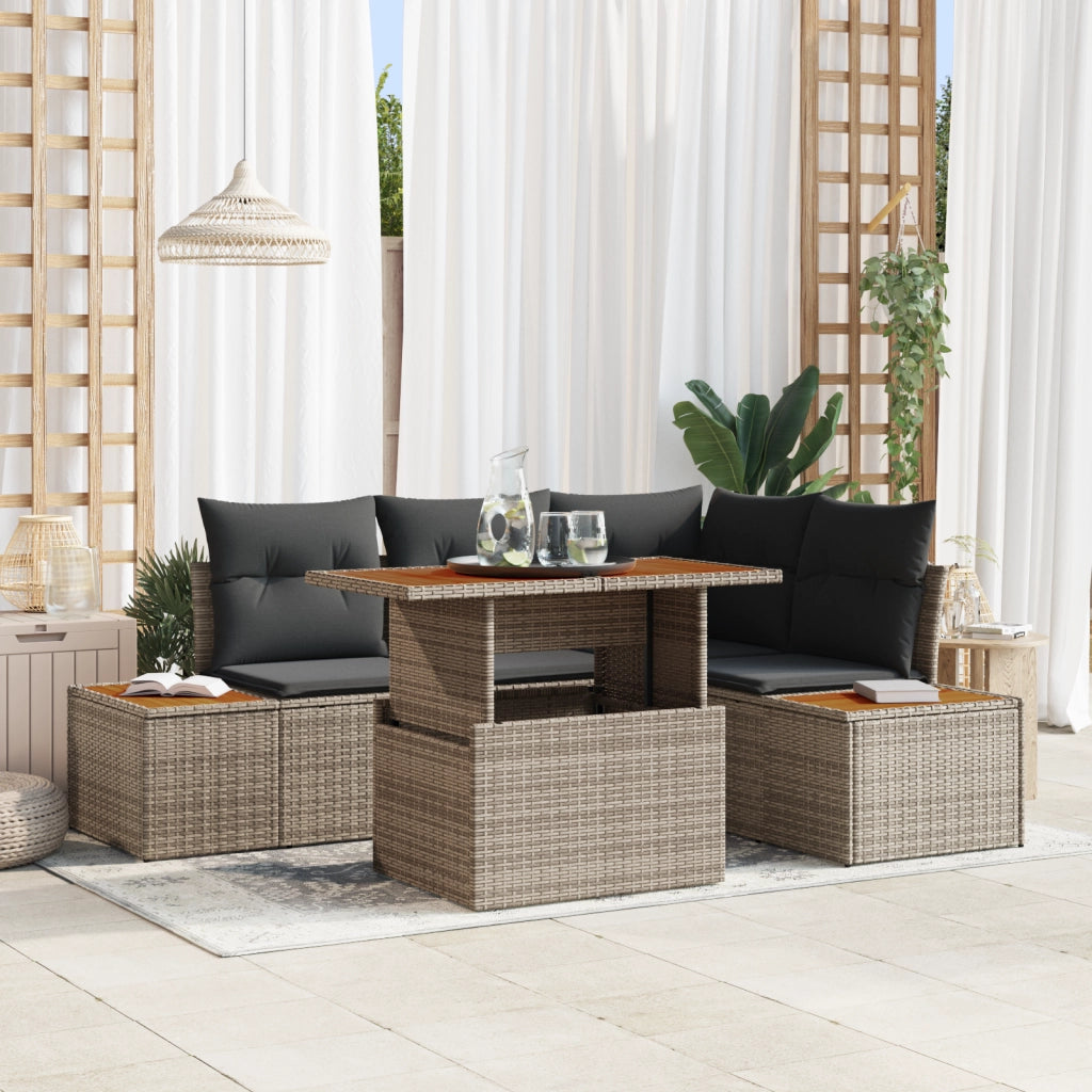 Set Divano da Giardino a 5 Pezzi con Cuscini Grigio in Rattan Poliestere