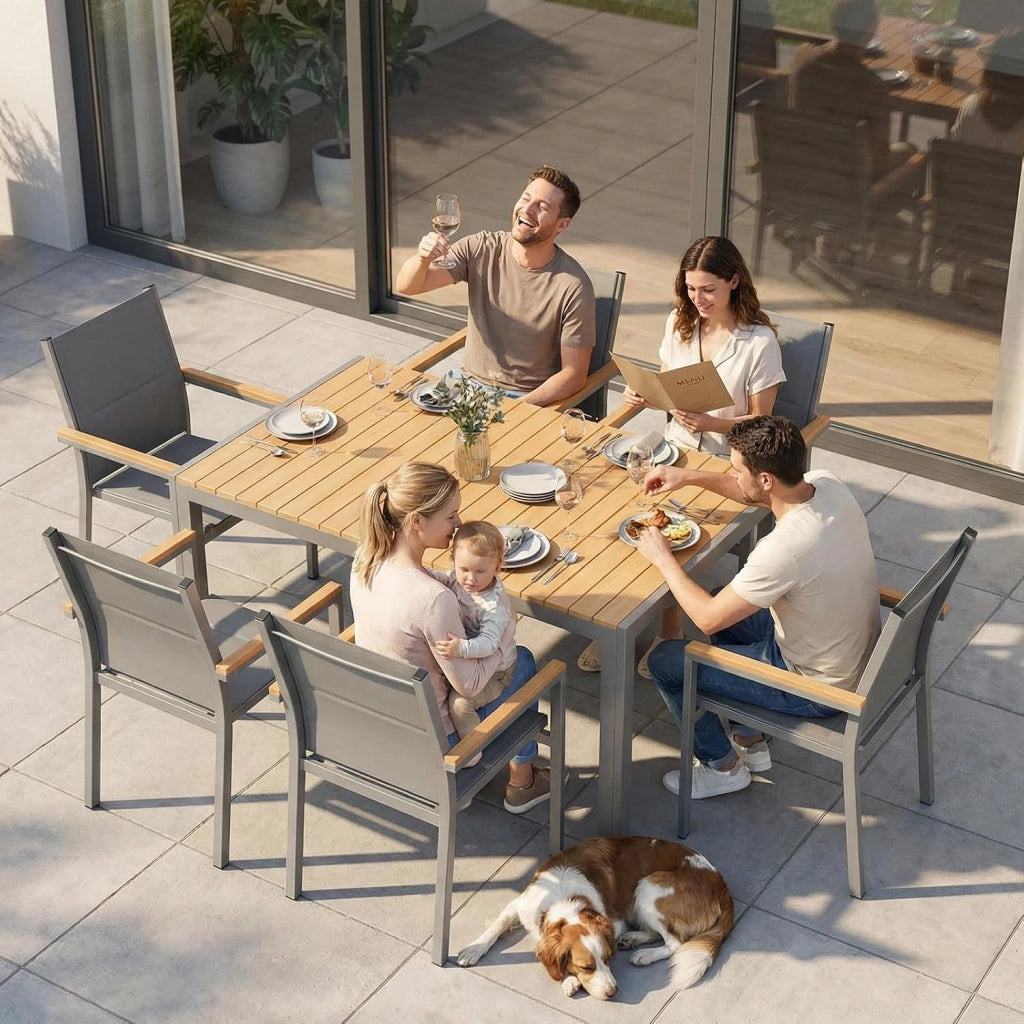 Set di 4 sedie da giardino, in alluminio, con schienale e seduta trapuntati, impilabili, per sala da pranzo, in WPC, per terrazza, balcone, terrazza, piscina, ristoranti, grigio, 4 pezzi