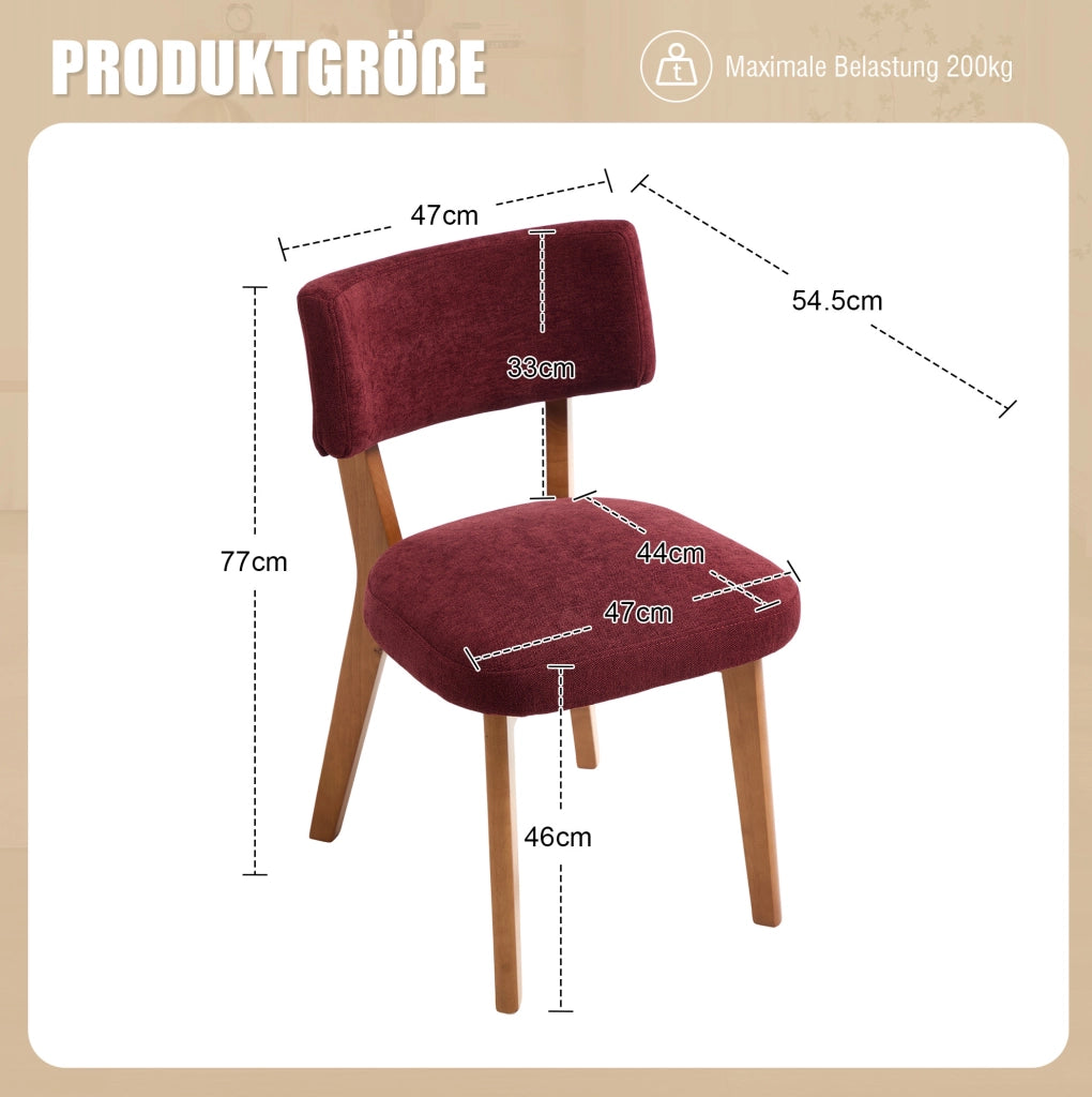 Sedie da pranzo set da 2 in tessuto bordeaux con gambe in legno
