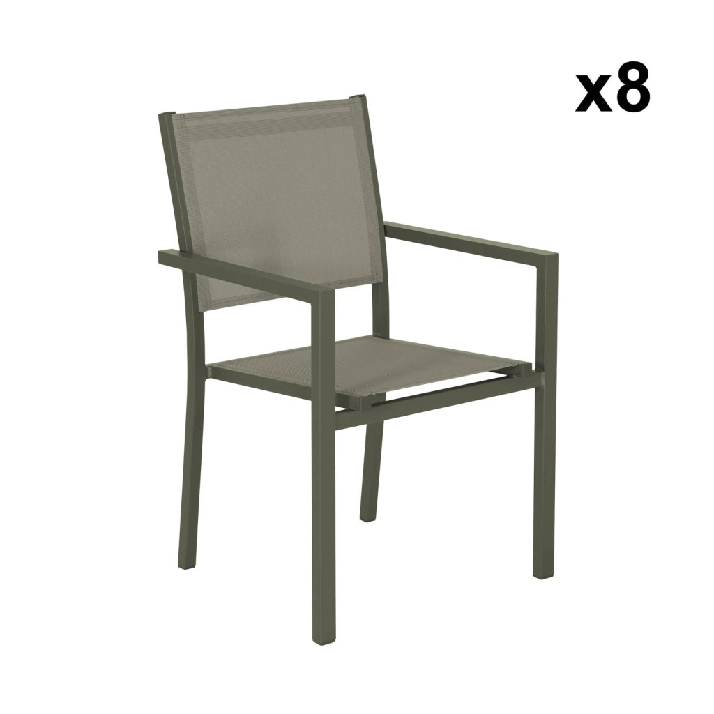 Set tavolo da giardino in alluminio con 8 sedie, verde kaki